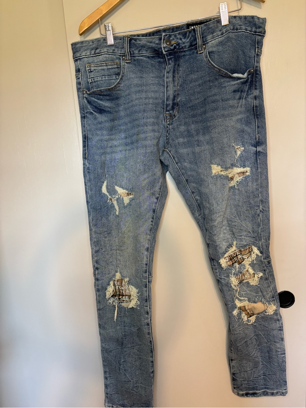 Smoke Rise Jeans 36x32 distressed with flannel accents